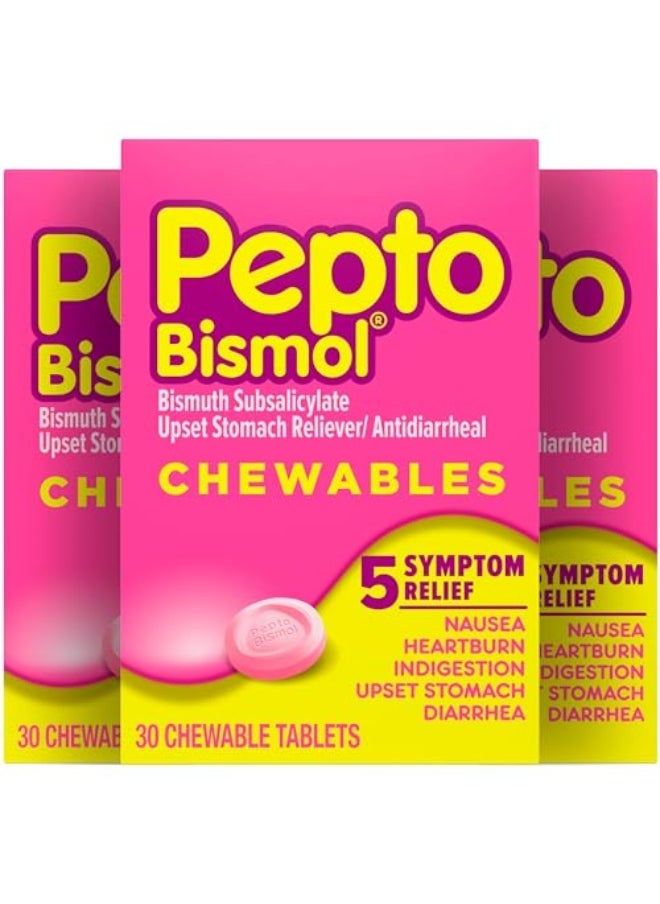 Pepto Bismol Pepto Bismol Chewable Tablets for Nausea Heartburn Indigestion Upset Stomach and Diarrhea Relief Original Flavor 90 Total 3 Packs of 30  - Image 1