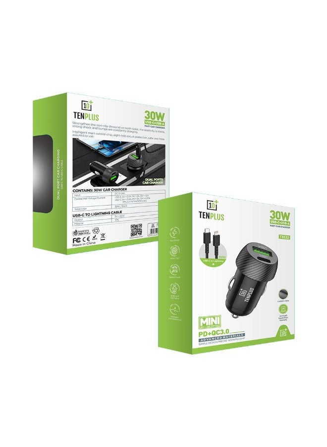 تنبلس شاحن سيارة سريع الشحن PD 30 وات بمنفذ مزدوج USB C QCPD محول سيارة سريع الشحن مع كابل USB C إلى Lightning لهاتف iPhone 14 13 Series 1M أسود - Image 2