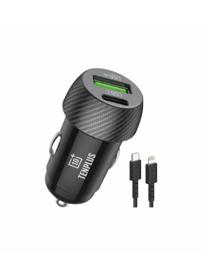 تنبلس شاحن سيارة سريع الشحن PD 30 وات بمنفذ مزدوج USB C QCPD محول سيارة سريع الشحن مع كابل USB C إلى Lightning لهاتف iPhone 14 13 Series 1M أسود - Image 1