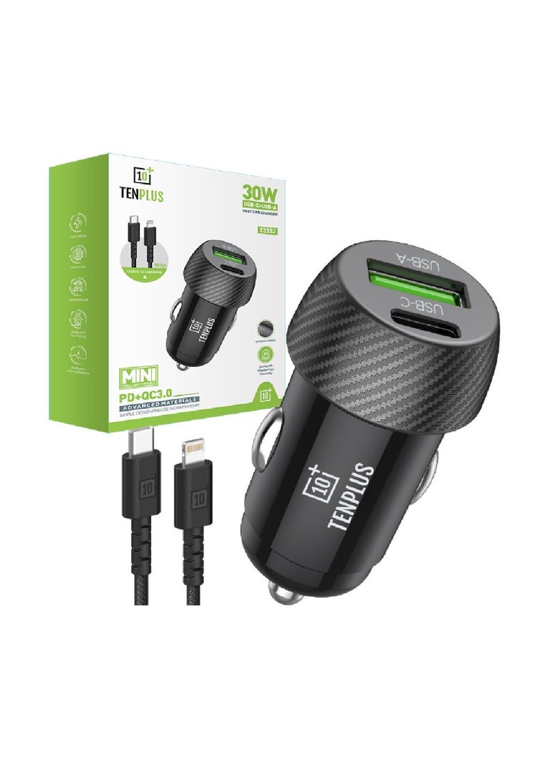 تنبلس شاحن سيارة سريع الشحن PD 30 وات بمنفذ مزدوج USB C QCPD محول سيارة سريع الشحن مع كابل USB C إلى Lightning لهاتف iPhone 14 13 Series 1M أسود - Image 3