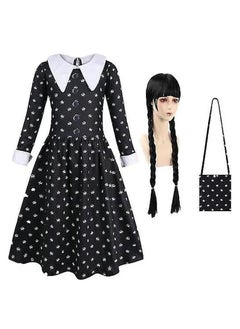 Brain Giggles Brain Giggles Wednesday Addams Costume Set  Black Dress with Bag Cosplay Outfit - Large  - Image 1