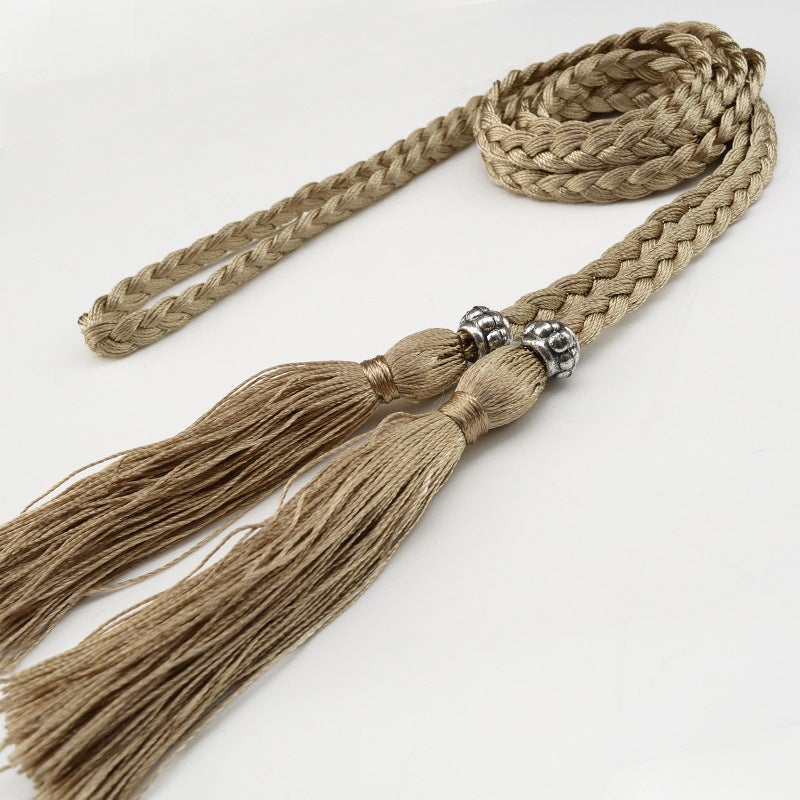 Braided Tassel Belt Ladies Skinny Butterfly Knot Deep Khaki 