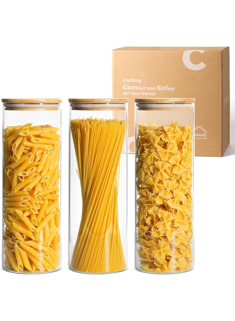 ComSaf Glass Spaghetti Pasta Storage Container with Lids 2 Qt Set of 3, Tall Clear Airtight Food Storage Jar with Wood Cover Kitchen Pantry Storage Container for Noodles Flour Cereal Coffee Beans - Image 1