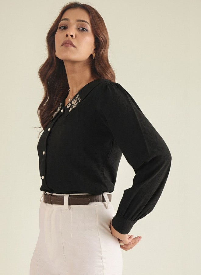 WineRed Black Floral Embroidered Peter Pan Collar Puff Sleeve Crepe Top - Image 3