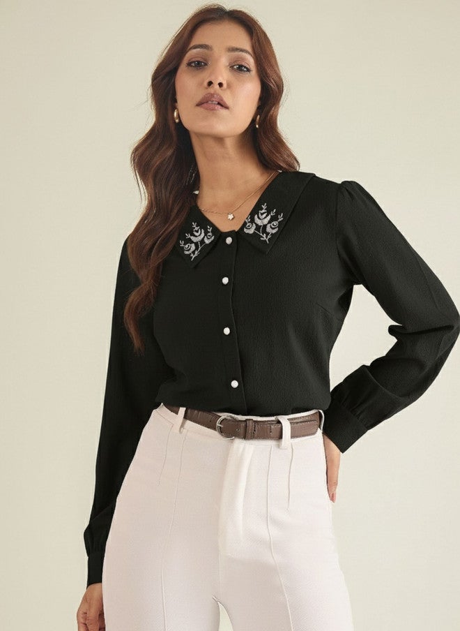 WineRed Black Floral Embroidered Peter Pan Collar Puff Sleeve Crepe Top - Image 1