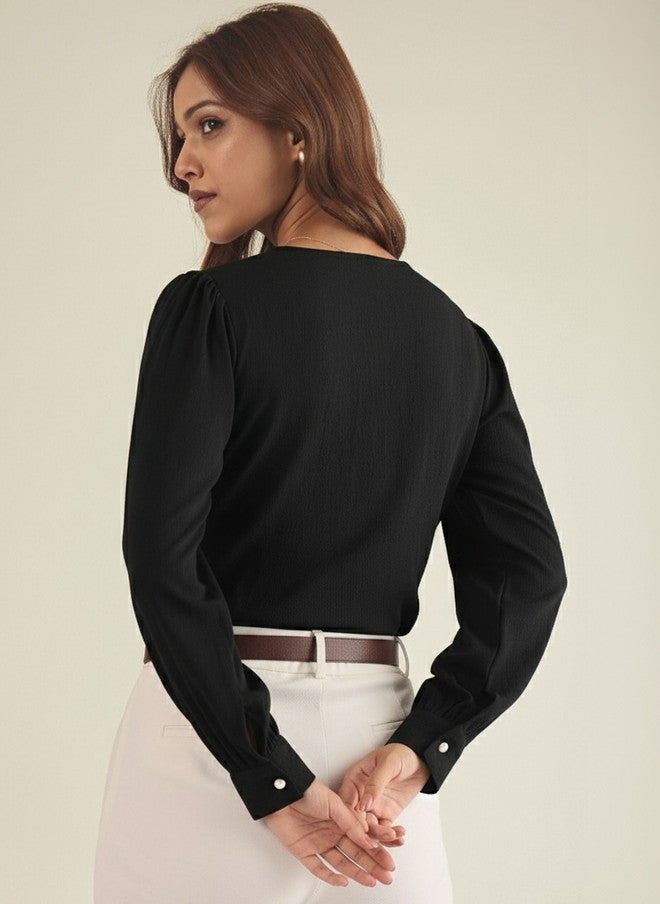 WineRed Black Floral Embroidered Peter Pan Collar Puff Sleeve Crepe Top - Image 4