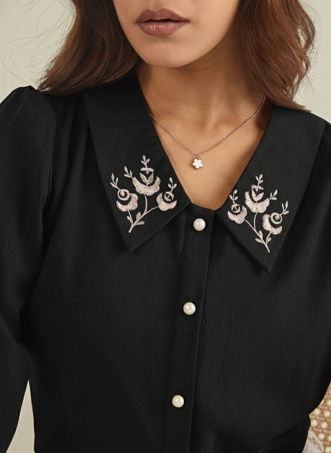 WineRed Black Floral Embroidered Peter Pan Collar Puff Sleeve Crepe Top - Image 2