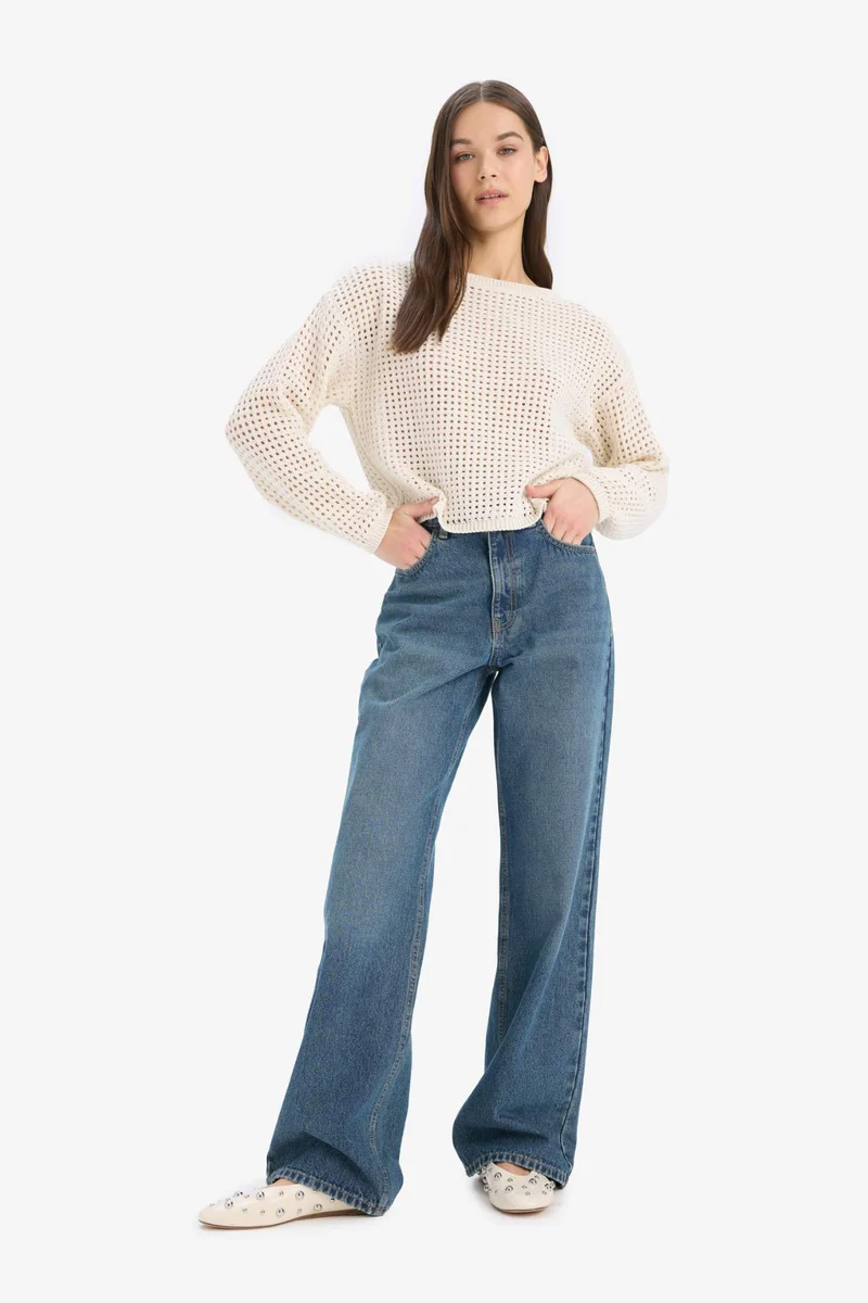 ديفاكتو Regular Fit Crew Neck Crochet Knitwear Pullover