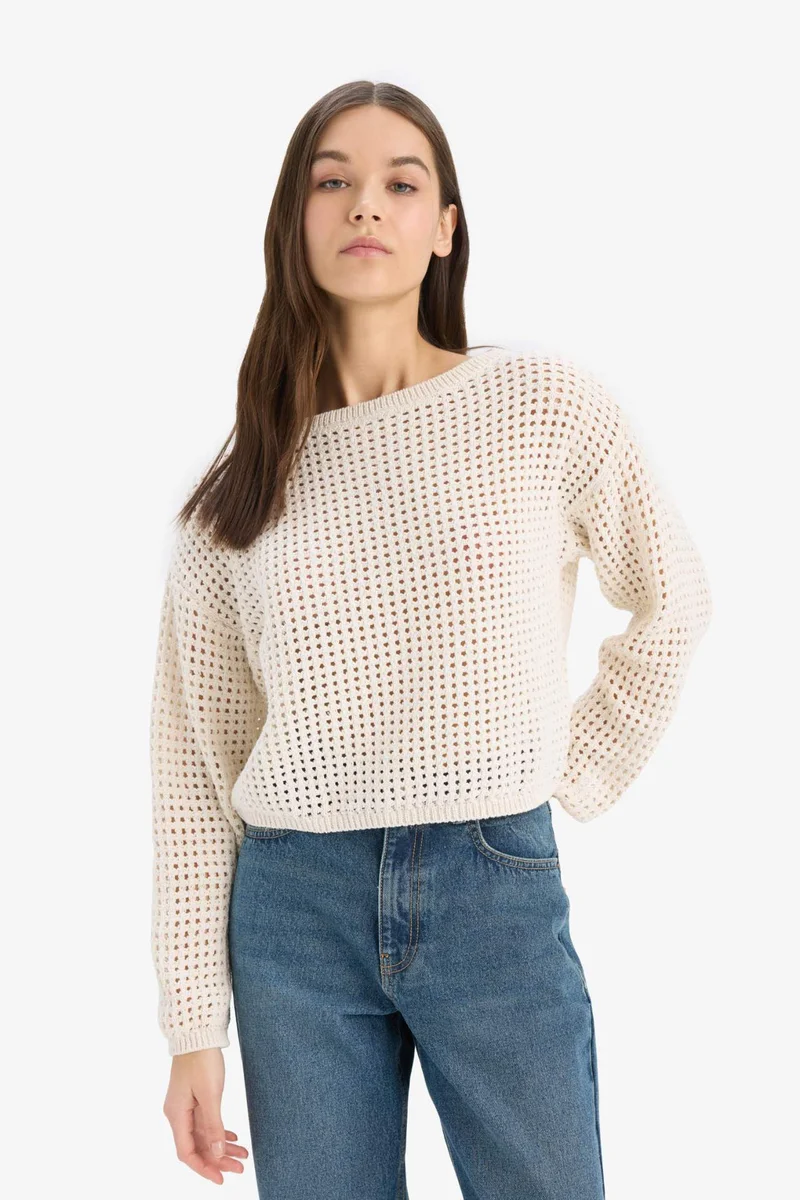 ديفاكتو Regular Fit Crew Neck Crochet Knitwear Pullover