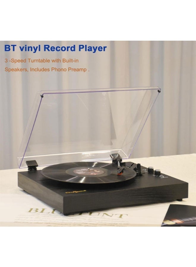 مشغل أسطوانات فونوغراف، مشغل أسطوانات بتقنية بلوتوث، مع سماعات ستيريو مدمجة - جهاز دوران ثلاثي السرعات باللون الأسود - Image 2