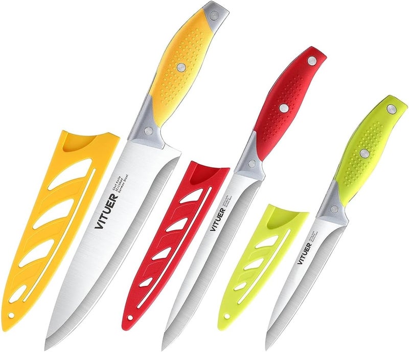 VITUER Chef Knife, 3PCS Kitchen Knife, Multicolor Stainless Steel Sharp Chef Knife Set (3Pack, Yellow, Red, Green) - Image 1