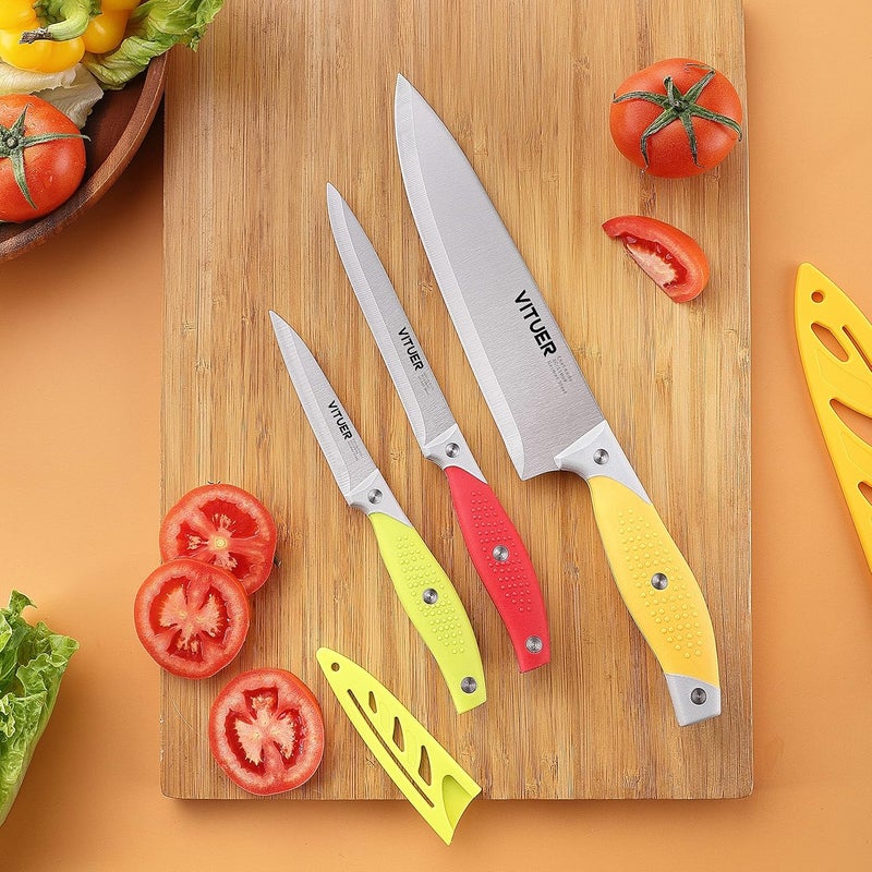 VITUER Chef Knife, 3PCS Kitchen Knife, Multicolor Stainless Steel Sharp Chef Knife Set (3Pack, Yellow, Red, Green) - Image 4