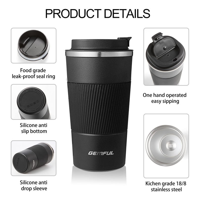GEMFUL Travel Coffee Mug 2 Pack Insulated To Go Tumbler with Lid Portable Stainless Steel Reusable Cups Leak proof for Women Hot Cold Drinks 17oz (Black and White) - Image 5