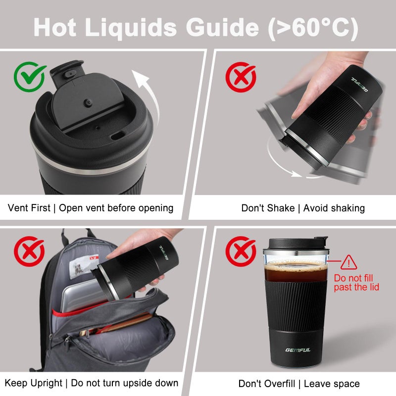 GEMFUL Travel Coffee Mug 2 Pack Insulated To Go Tumbler with Lid Portable Stainless Steel Reusable Cups Leak proof for Women Hot Cold Drinks 17oz (Black and White) - Image 3