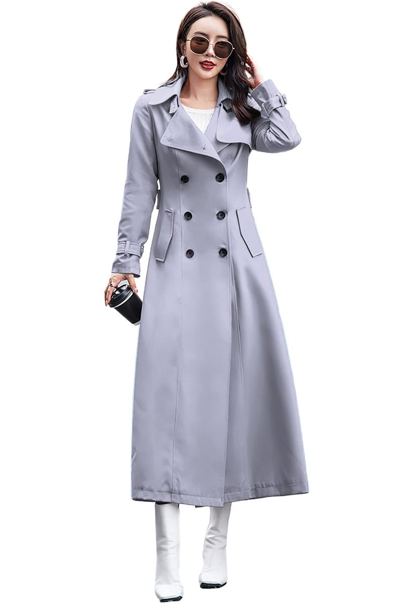 ebossy Women's Double Breasted Duster Trench Coat Slim Full Length Maxi Long Overcoat (X-Large, Grey) - Image 2