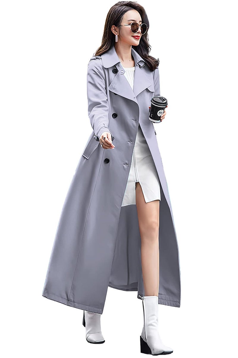 ebossy Women's Double Breasted Duster Trench Coat Slim Full Length Maxi Long Overcoat (X-Large, Grey) - Image 3