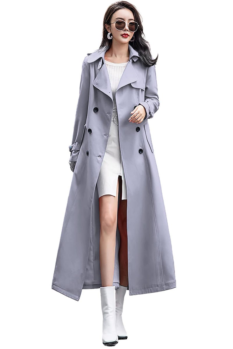 ebossy Women's Double Breasted Duster Trench Coat Slim Full Length Maxi Long Overcoat (X-Large, Grey) - Image 5