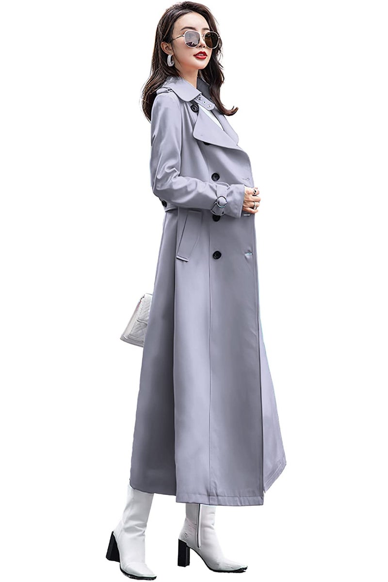 ebossy Women's Double Breasted Duster Trench Coat Slim Full Length Maxi Long Overcoat (X-Large, Grey) - Image 4