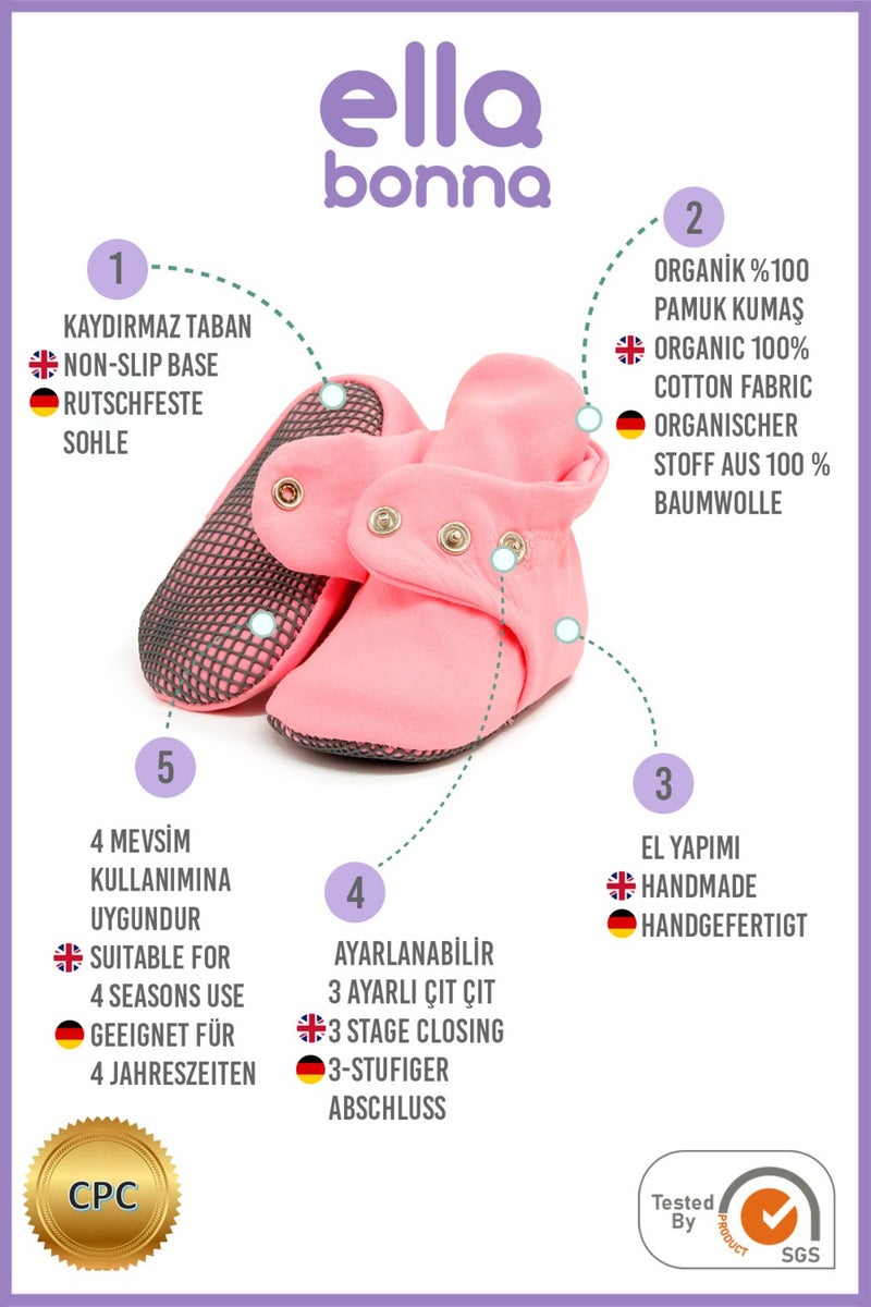 Ella Bonna Organic Cotton Baby Slippers, Non-Slip Sole, Newborn Slippers, Home Nursery Shoes, Pink  - Image 2