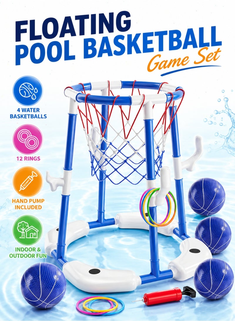 Pool Basketball Hoop, 2-in-1 Floating Pool Toys Ring Game with 4 Balls and Pump, Outdoor Swimming Pool Basketball Games Water Play Toy Family Party for Kids Adults Age 3-12 (Blue) - Image 1