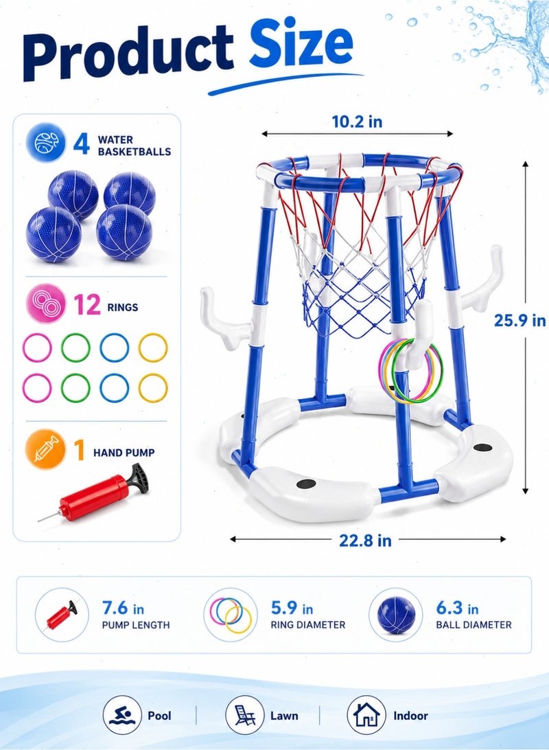 Pool Basketball Hoop, 2-in-1 Floating Pool Toys Ring Game with 4 Balls and Pump, Outdoor Swimming Pool Basketball Games Water Play Toy Family Party for Kids Adults Age 3-12 (Blue) - Image 2