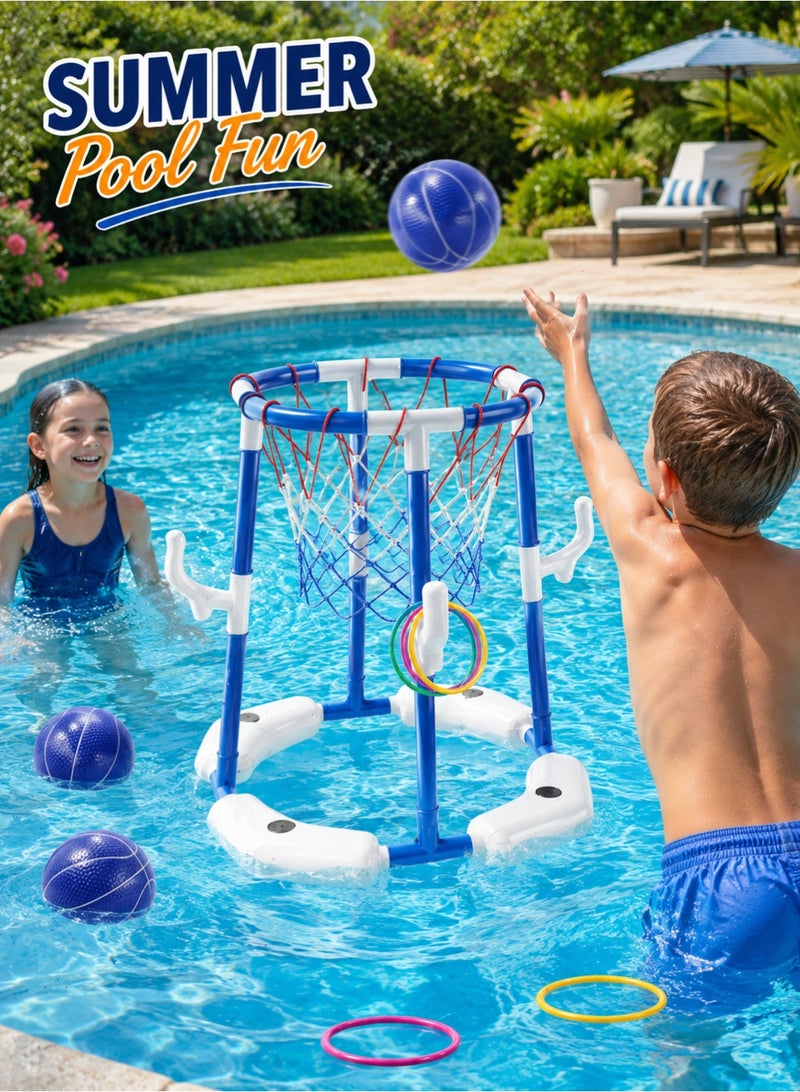 Pool Basketball Hoop, 2-in-1 Floating Pool Toys Ring Game with 4 Balls and Pump, Outdoor Swimming Pool Basketball Games Water Play Toy Family Party for Kids Adults Age 3-12 (Blue) - Image 5