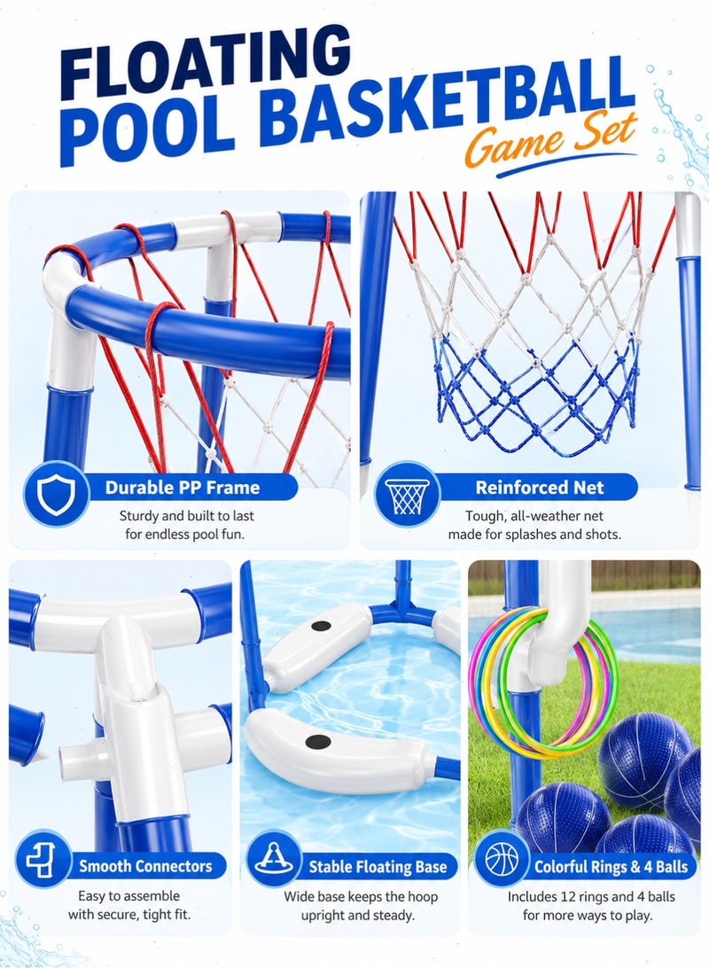 Pool Basketball Hoop, 2-in-1 Floating Pool Toys Ring Game with 4 Balls and Pump, Outdoor Swimming Pool Basketball Games Water Play Toy Family Party for Kids Adults Age 3-12 (Blue) - Image 4