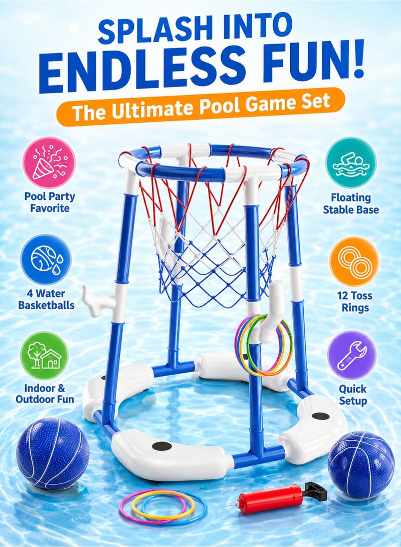 Pool Basketball Hoop, 2-in-1 Floating Pool Toys Ring Game with 4 Balls and Pump, Outdoor Swimming Pool Basketball Games Water Play Toy Family Party for Kids Adults Age 3-12 (Blue) - Image 3