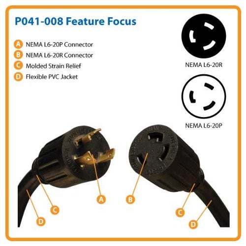 Tripp Lite Heavy-Duty Power Extension Cord 30A, 10AWG (NEMA L6-30P to NEMA L6-30R) 8-ft.(P041-008) - Image 2