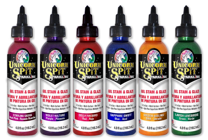 Unicorn SPiT Sparkling - Gel Stain & Glaze - 4oz Sparkle Collection - Dolly Firebird, Golden Gosling, Lavish Lovebirds, Sapphire Swift, Starling Sasha, Violet Vulture - Image 1