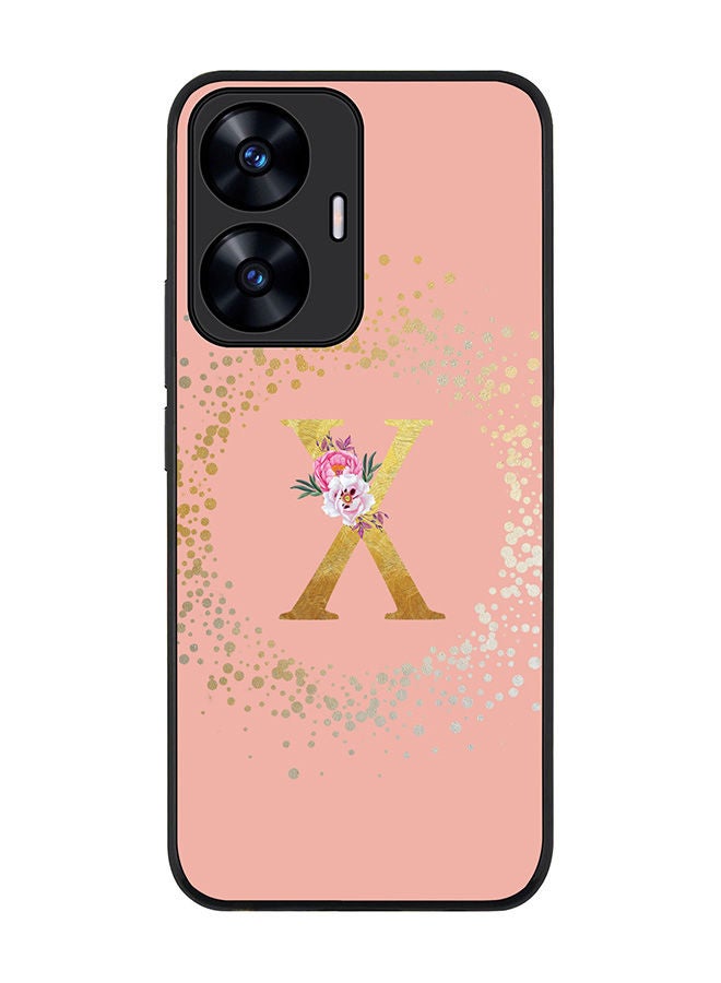 Rugged Black edge case for Realme C55 4G Slim fit Soft Case Flexible Rubber Edges Anti Drop TPU Cover -  Custom Monogram Initial Letter Floral Pattern Alphabet - X  (Rose Pink )