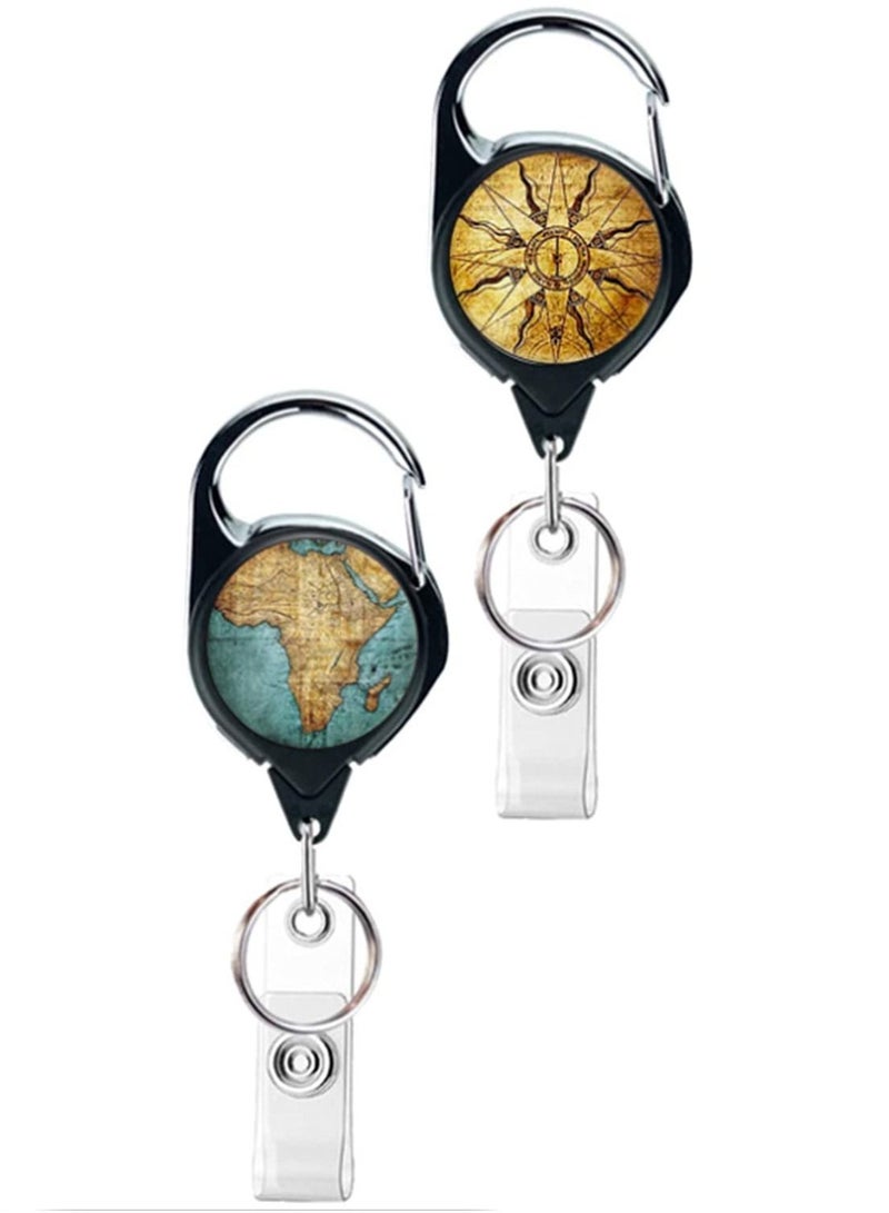 SYOSI 2-Pack Heavy Duty Retractable Badge Holder Reel with Metal Carabiner Clip and Key Ring, ID Card Holder for Keys, Map Compass Design - Image 2