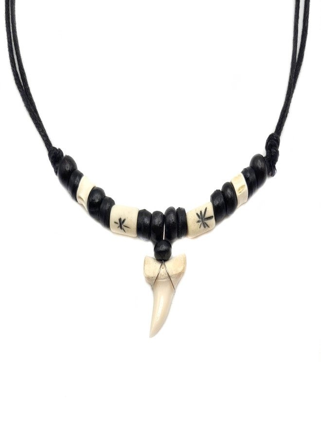 Swimmi Genuine Mako Shark Tooth Necklace for Men Women Boy Girl with Seed Beads and Adjustable Waxed Cord Handmade Jewelry GA384 Black, White - Image 3