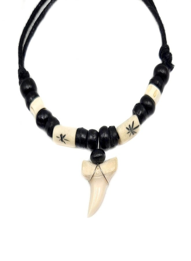 Swimmi Genuine Mako Shark Tooth Necklace for Men Women Boy Girl with Seed Beads and Adjustable Waxed Cord Handmade Jewelry GA384 Black, White - Image 1
