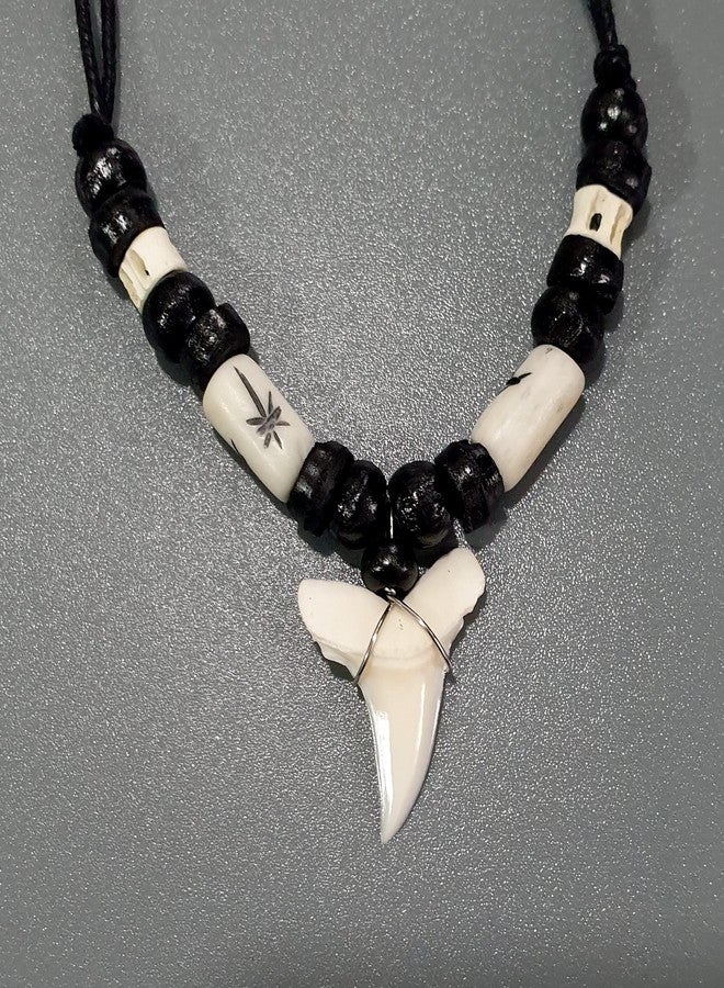 Swimmi Genuine Mako Shark Tooth Necklace for Men Women Boy Girl with Seed Beads and Adjustable Waxed Cord Handmade Jewelry GA384 Black, White - Image 5
