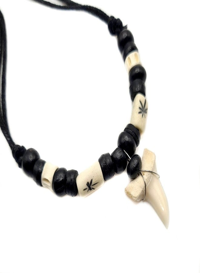 Swimmi Genuine Mako Shark Tooth Necklace for Men Women Boy Girl with Seed Beads and Adjustable Waxed Cord Handmade Jewelry GA384 Black, White - Image 2