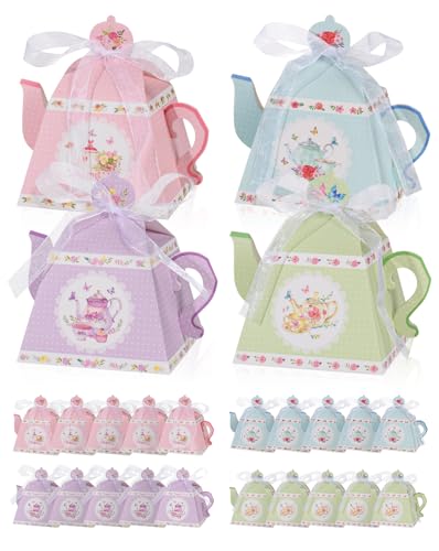 Liobelon 24 Pieces Floral Tea Party Favors Boxes Centerpiece Table Decoration Teapot Favor Boxes Tea Party Treat Gift Boxes Goodie Treat Bags Candy Boxes for Wedding Baby Shower Tea Party Decorations - Image 1