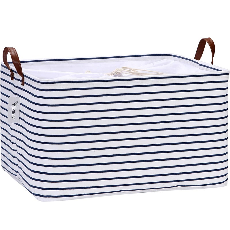 Hinwo 70L Extra Large Storage Bins Closet Organizers and Storage Foldable Clothes Storage Baskets with Handles Containers for Clothing Blanket Comforters Toys Bedding Navy Stripe