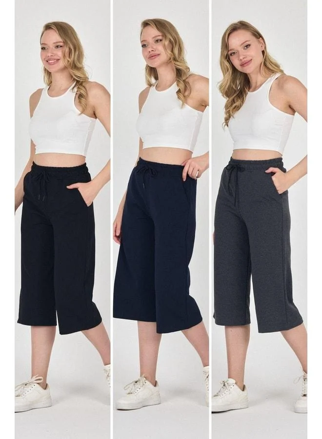 High-Waist Pocketed Comfortable-Fit Seasonal Women’s Below-Knee 3-Pack Bermuda Capri in Black, Navy, and Anthracite