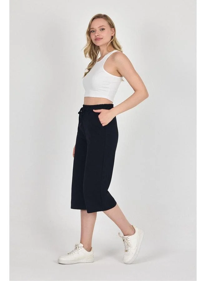 Mmetalic  High-Waist Pocketed Comfortable-Fit Seasonal Women’s Below-Knee 3-Pack Bermuda Capri in Black, Navy, and Anthracite for Women | Best Price UAE