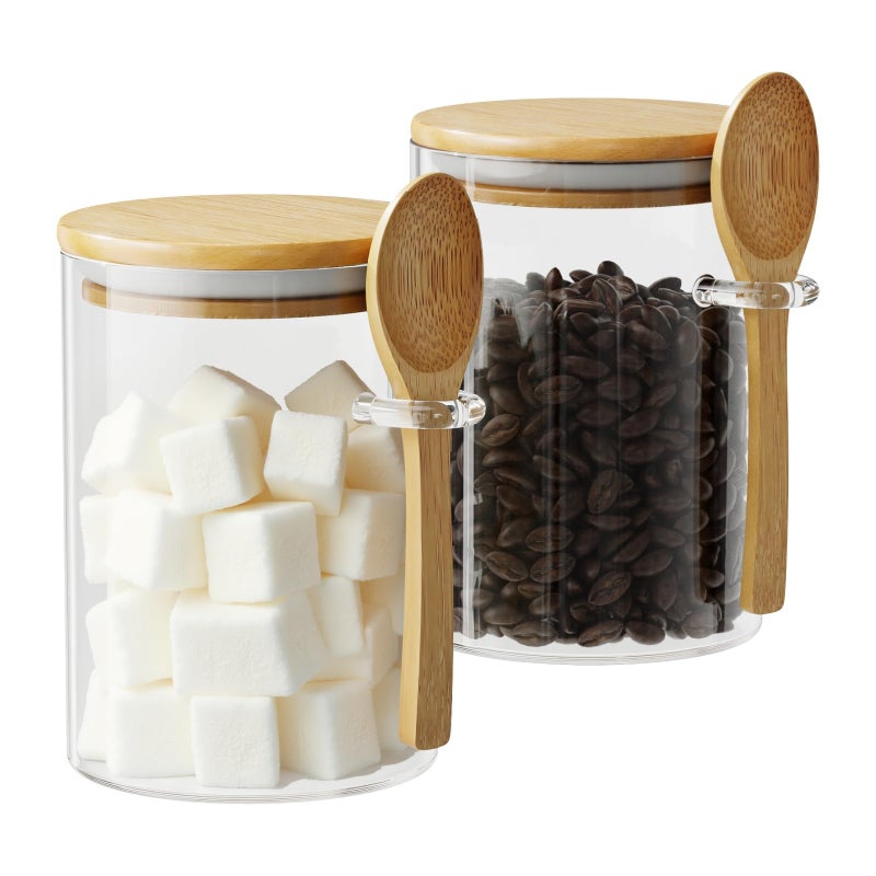 OneDream Glass Sugar Container with Spoon - 2 Pack 15oz Glass Jars with Bamboo Lid and Spoon, Bamboo Lid Storage Jar Canister for Coffee Beans, Spice, Brown Sugar, Tea, Flour, Nuts, Candy, Salts and More - Image 1