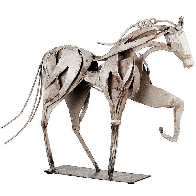HANDMADE METAL HORSE STATUE DECOR HANDCRAFTED HANDPAINTED SCULPTURE UNIQUE RUSTIC FIGURINE FOR HOME OFFICE DESK DECORATION WHITE