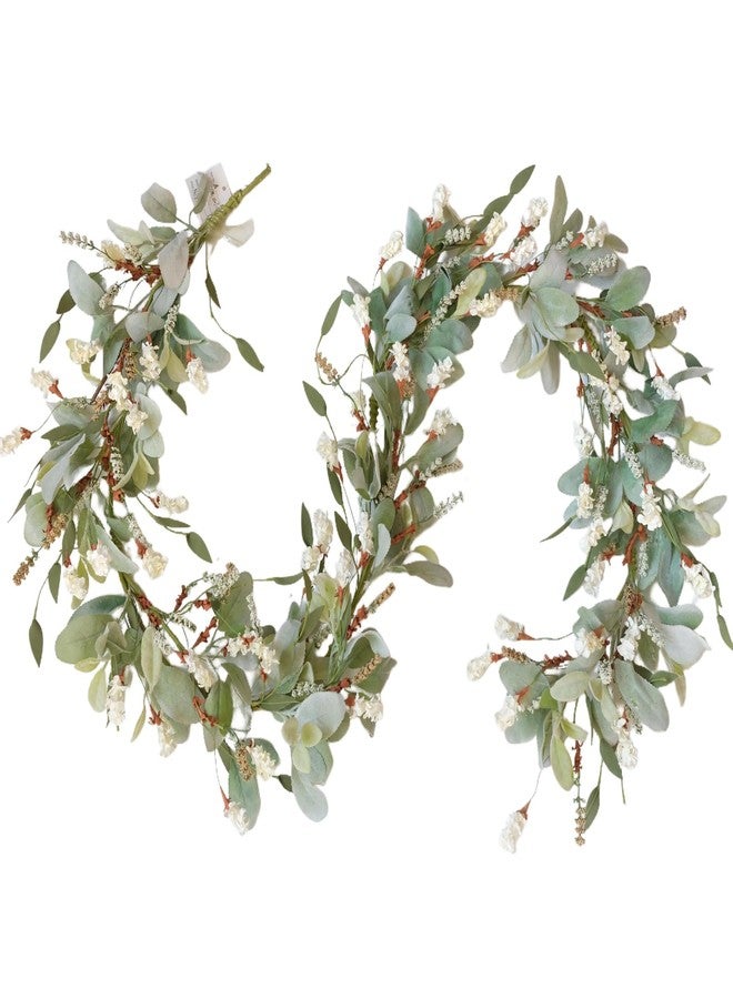 Egolot 70 Inch Lamb Ears Greenery Garland with Ivory Forsythia Flowers, Year Round Farmhouse Floral Garland for Mantel Stair Fireplace, All Seasons Indoor Outdoor Everyday Decor - Image 1