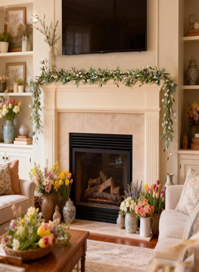 Egolot 70 Inch Lamb Ears Greenery Garland with Ivory Forsythia Flowers, Year Round Farmhouse Floral Garland for Mantel Stair Fireplace, All Seasons Indoor Outdoor Everyday Decor - Image 4