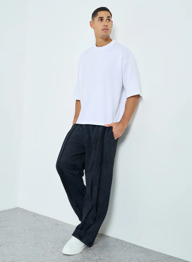 Styli Styli Acid Wash Wide Leg Terry Joggers with Pleat Detail