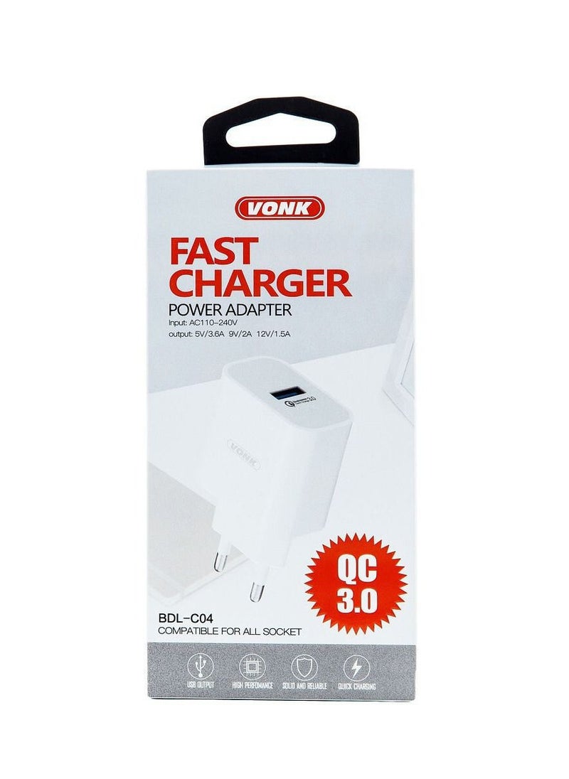 Vonk - vonk power adapter fast charger  input  :AC110-240   V OLT  OUTPUT: 5-3.6 AMPIR / 9VOLT/2AMPIR 12VOLT/1.5AMPIR BDL-C04 White - Image 1
