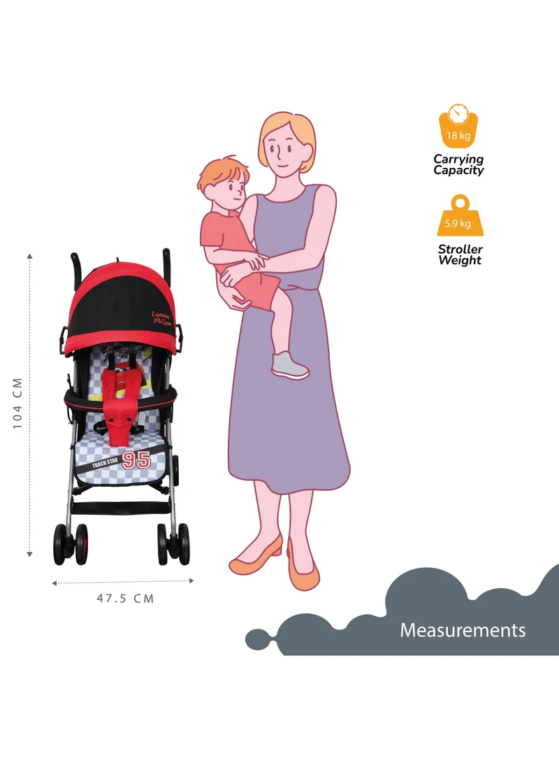 Disney Cars Lightning McQueen Lightweight Adventure Stroller + Storage Cabin 0-36 months, Compact Design, Shoulder Strap, Adjustable Reclining Seat and More
