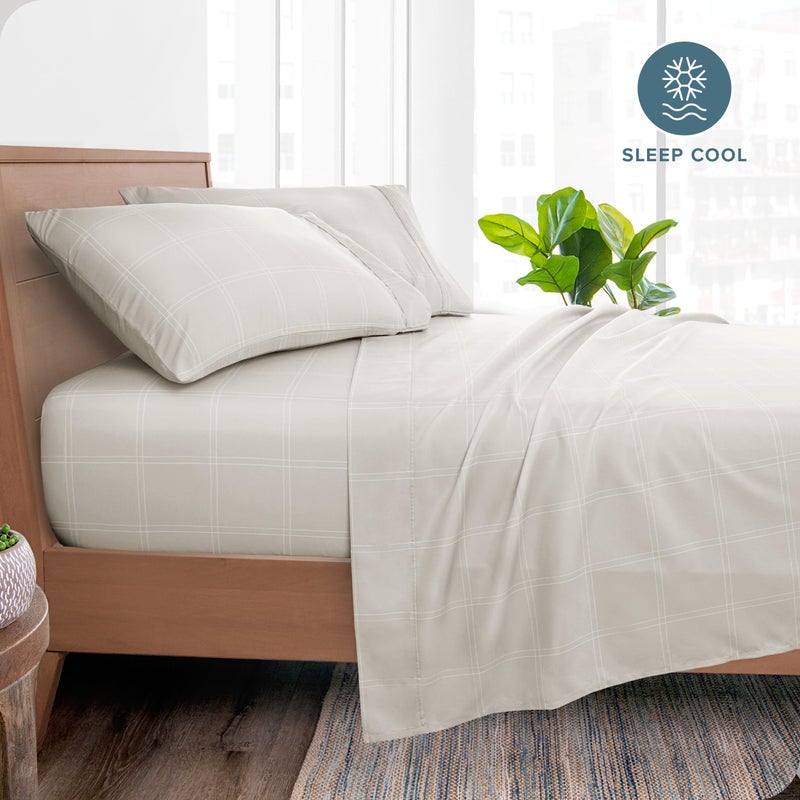 Bare Home King Sheet Set - Luxury 1800 Ultra-Soft Microfiber Double Brushed - Deep Pockets - Easy Fit - 4 Piece Set - Bedding Sheets & Pillowcases (King, Modern Plaid - Stone/White) - Image 2