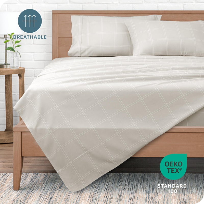 Bare Home King Sheet Set - Luxury 1800 Ultra-Soft Microfiber Double Brushed - Deep Pockets - Easy Fit - 4 Piece Set - Bedding Sheets & Pillowcases (King, Modern Plaid - Stone/White) - Image 4