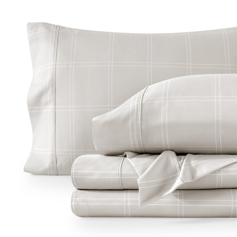 Bare Home King Sheet Set - Luxury 1800 Ultra-Soft Microfiber Double Brushed - Deep Pockets - Easy Fit - 4 Piece Set - Bedding Sheets & Pillowcases (King, Modern Plaid - Stone/White) - Image 1